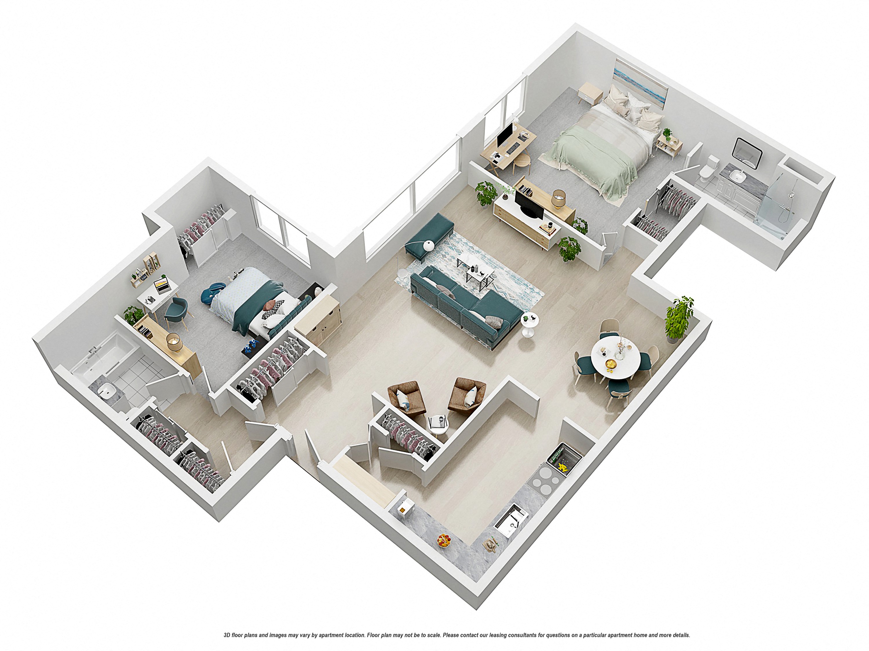 Floor plan for 2 beds, 2 baths, 1275 sqft